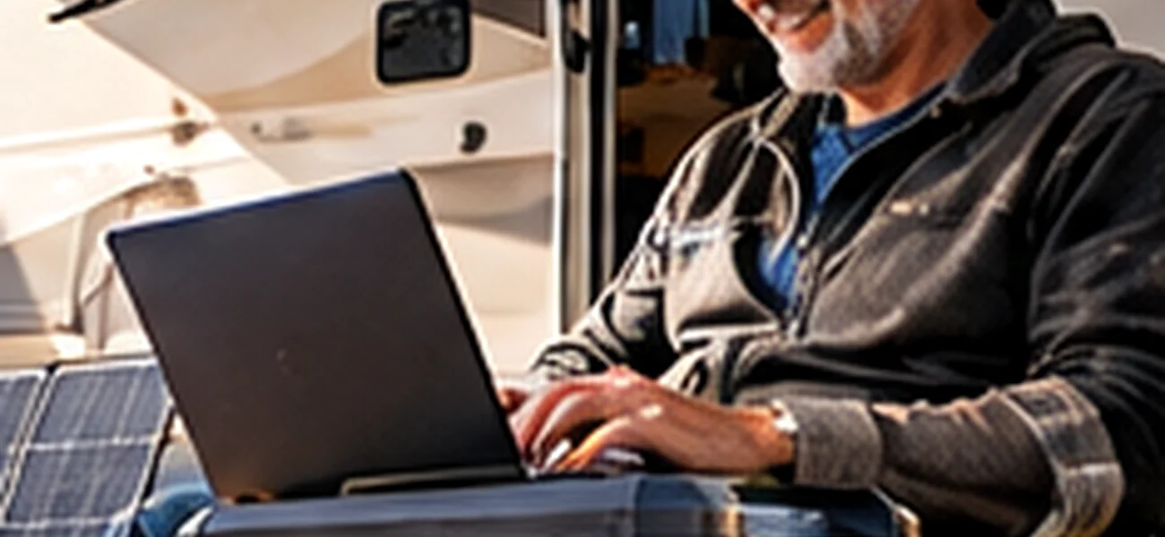 AI-generated illustrative lifestyle scene for Best Solar Generator for RV Use: Power and Battery Guide; not a photograph of the 2500X or a real customer